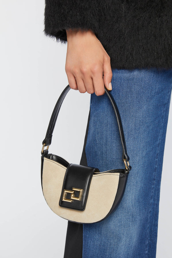 SUEDE CRESCENT-SHAPED MINI BAG WITH CONTRASTING LEATHER TRIMMINGS