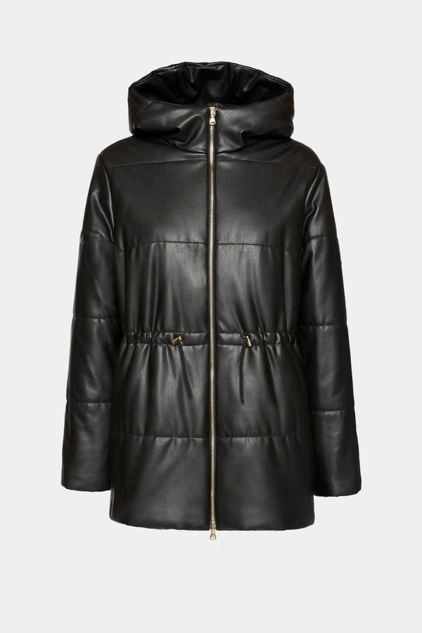 HOODED FAUX LEATHER PADDED COAT WITH DRAWSTRING