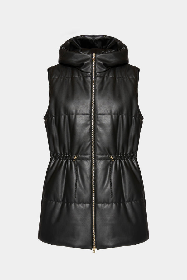 HOODED FAUX LEATHER VEST WITH DRAWSTRING