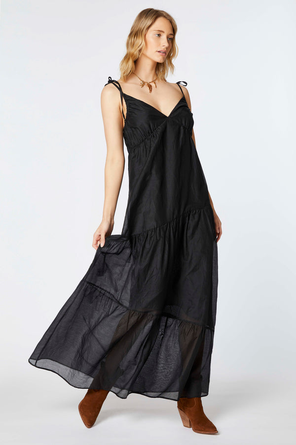 LONG FLARED DRESS IN COTTON/SILK MUSLIN WITH TIE-UP SHOULDER STRAPS 