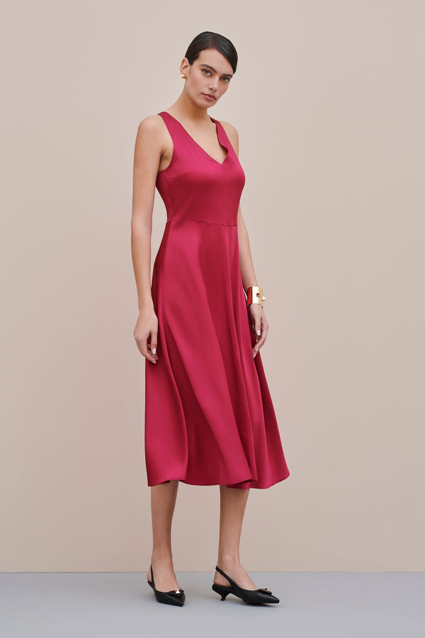 DRESS WITH FLARED SKIRT IN STRETCHY SATIN