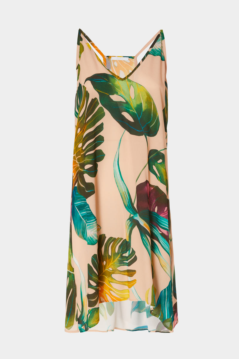 DRESS IN TROPICAL-PRINT VISCOSE WITH V NECK AND THIN SHOULDER STRAPS