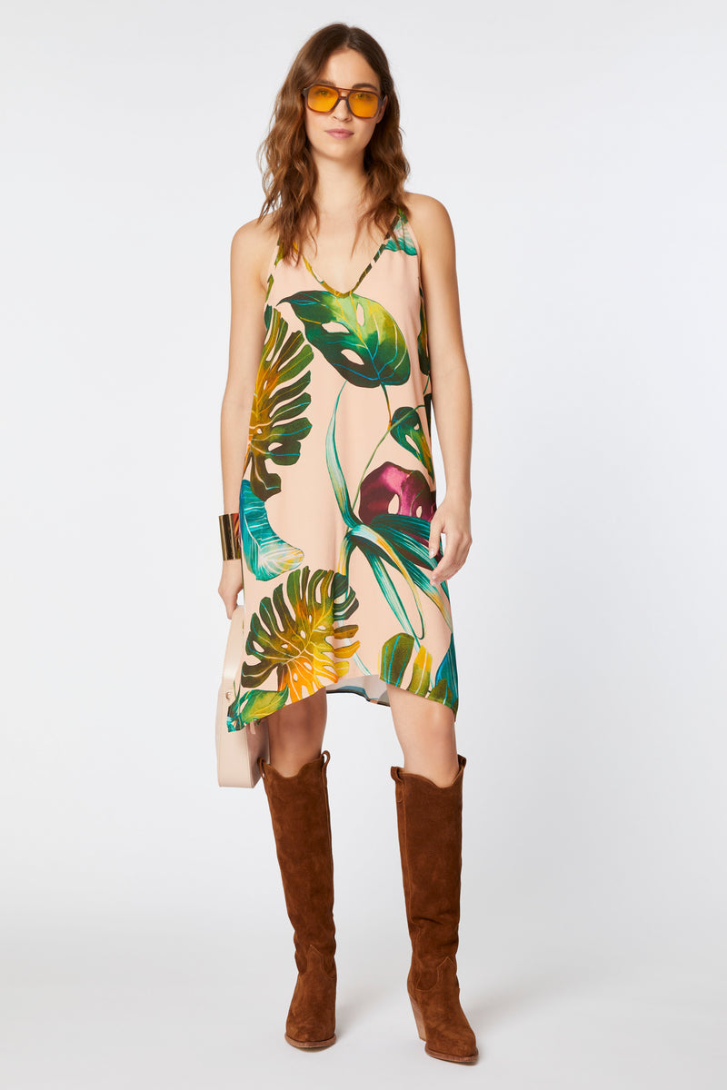 DRESS IN TROPICAL-PRINT VISCOSE WITH V NECK AND THIN SHOULDER STRAPS