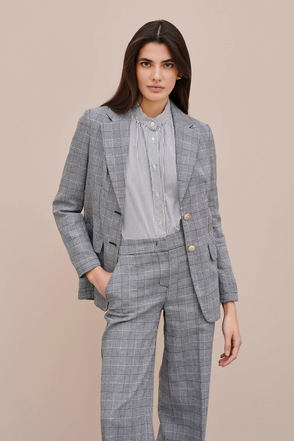 UNLINED, SINGLE-BREASTED GLEN PLAID BLAZER WITH SATIN GOLD BUTTONS