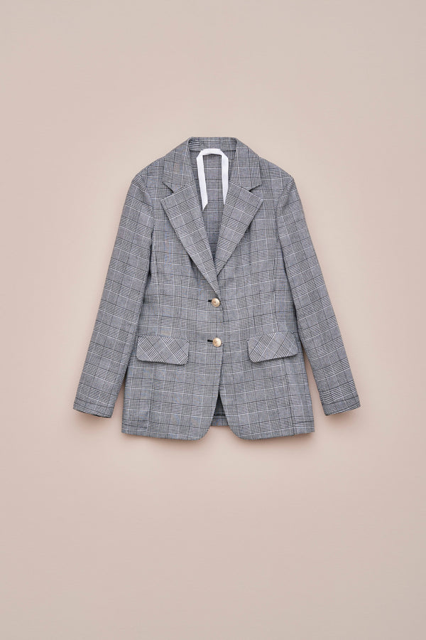 UNLINED, SINGLE-BREASTED GLEN PLAID BLAZER WITH SATIN GOLD BUTTONS