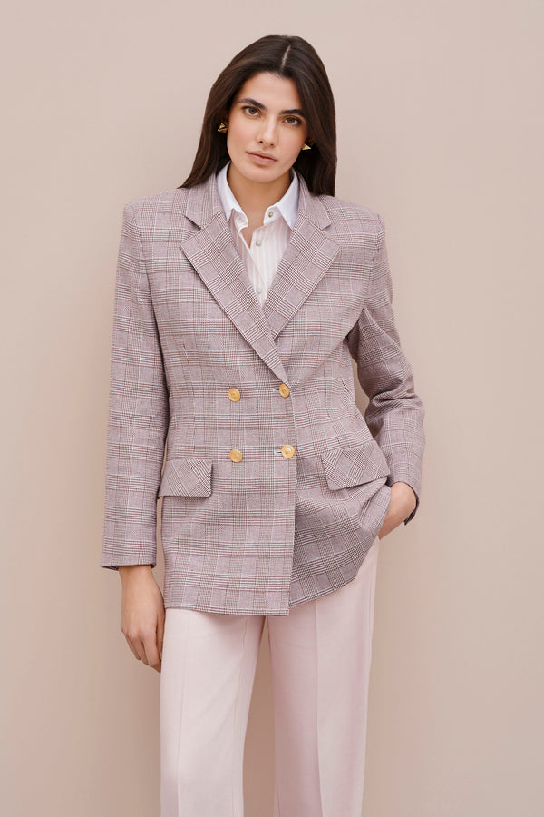 DOUBLE-BREASTED BLAZER IN STRETCHY GLEN PLAID WITH SATIN GOLD BUTTONS