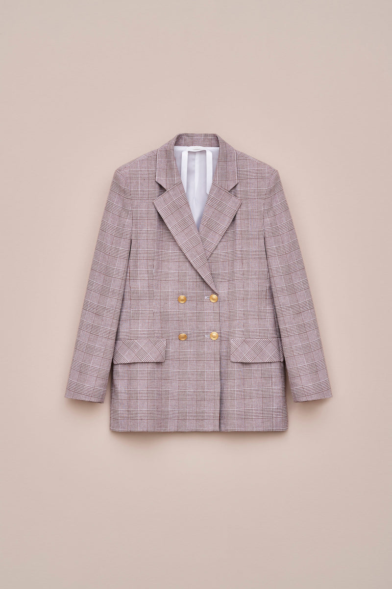 DOUBLE-BREASTED BLAZER IN STRETCHY GLEN PLAID WITH SATIN GOLD BUTTONS