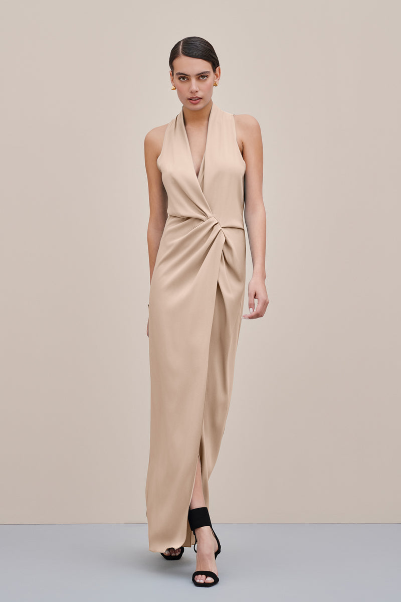 SLEVELESS DRESS IN VISCOSE CREPE WITH KNOT DETAIL