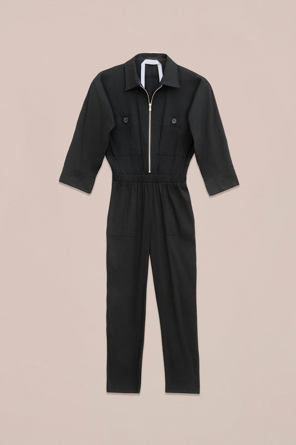 LONG POPLIN JUMPSUIT WITH ELASTICATED WAISTBAND AND PATCH POCKETS