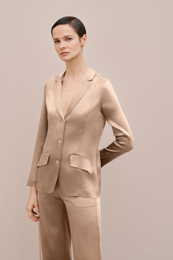 UNLINED BLAZER IN STRETCHY SATIN WITH MOTHER-OF-PEARL BUTTONSÂ 