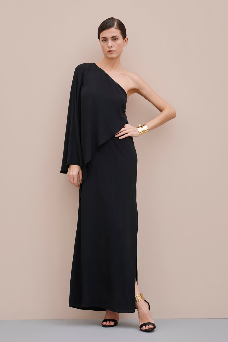 LONG DRESS IN CREPE DE CHINE WITH CAPE SLEEVE