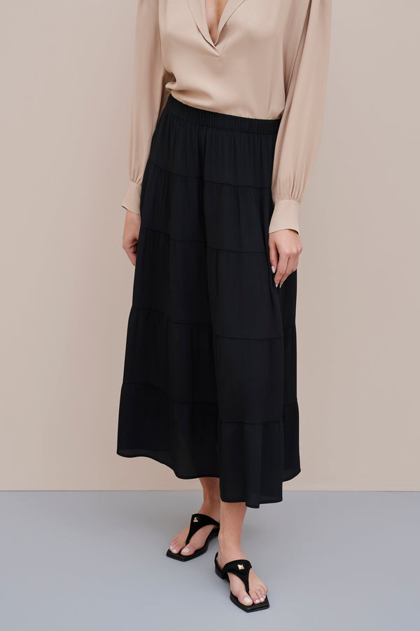 LONG FLARED SKIRT IN CREPE DE CHINE WITH FLOUNCES