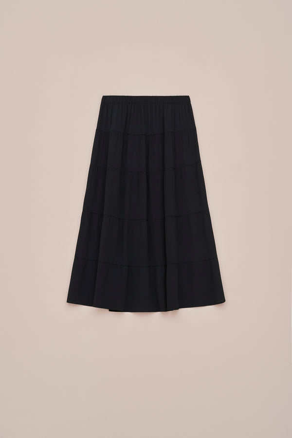 LONG FLARED SKIRT IN CREPE DE CHINE WITH FLOUNCES