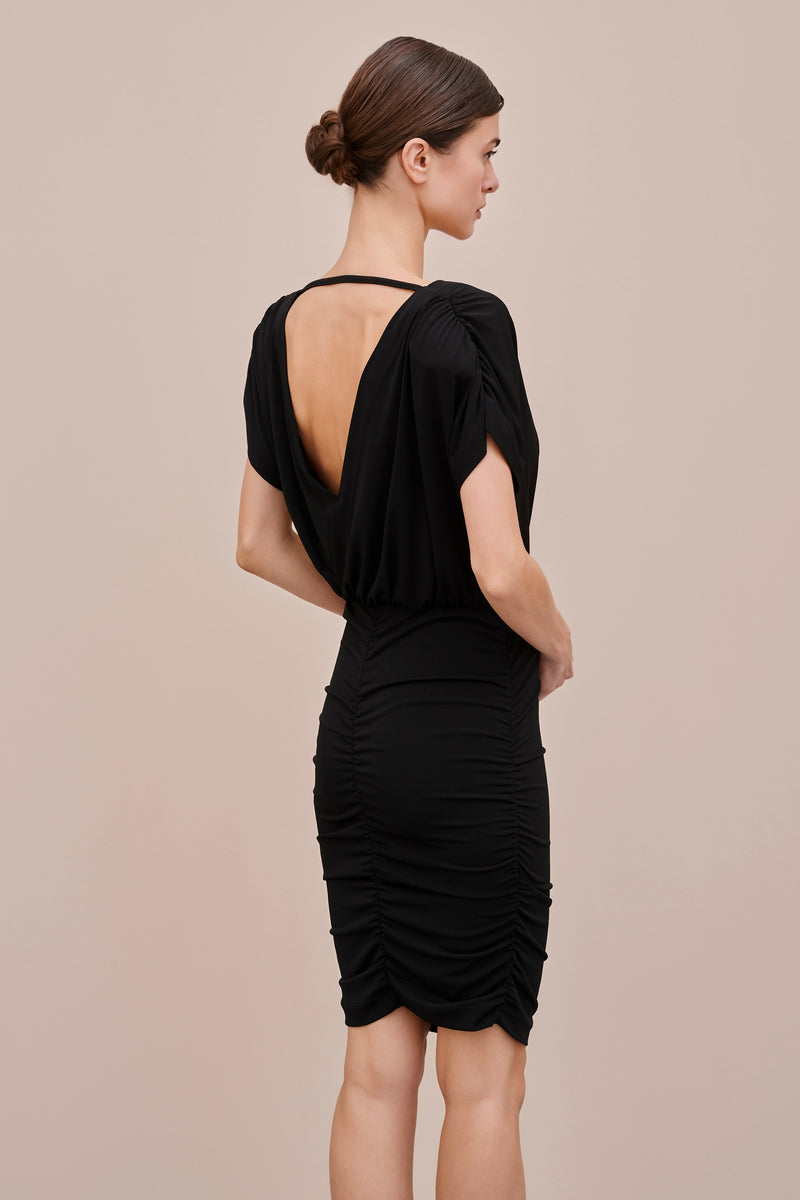 TIGHT-FIT DRESS IN JERSEY CREPE WITH CRISS-CROSS NECKLINE