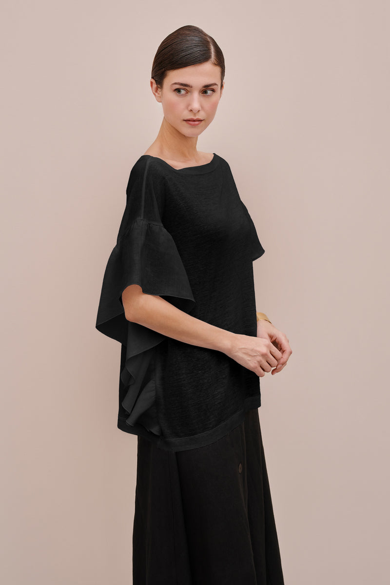 TOP IN LINEN/VISCOSE JERSEY with ASYMMETRIC FRILLED SLEEVESÂ 