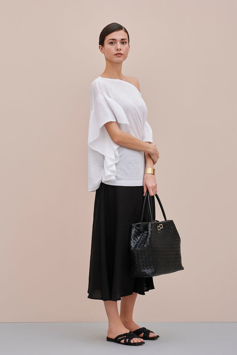 TOP IN LINEN/VISCOSE JERSEY with ASYMMETRIC FRILLED SLEEVESÂ 