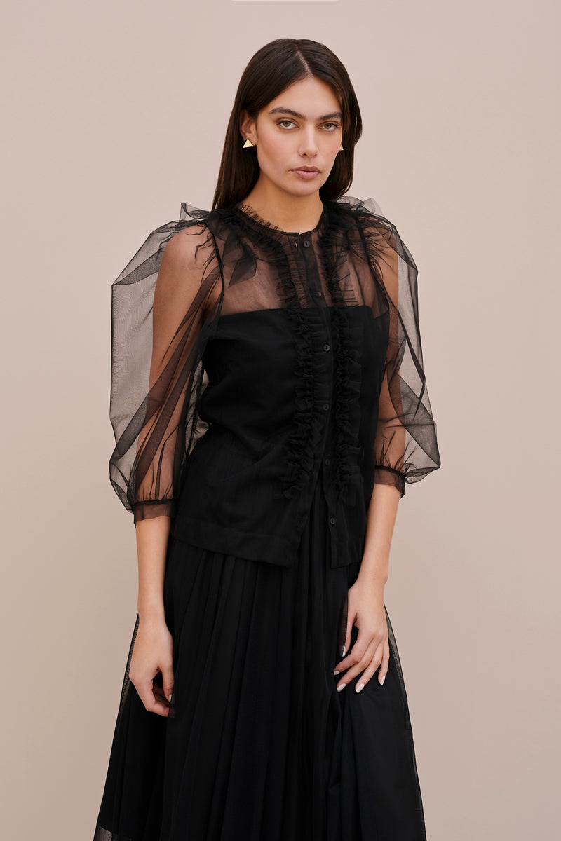 TULLE SHIRT WITH FRILLS AND GATHERED SLEEVES