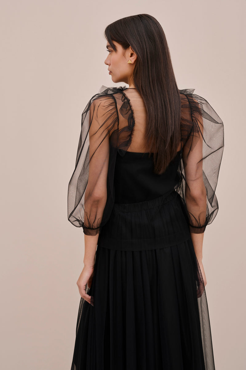 TULLE SHIRT WITH FRILLS AND GATHERED SLEEVES