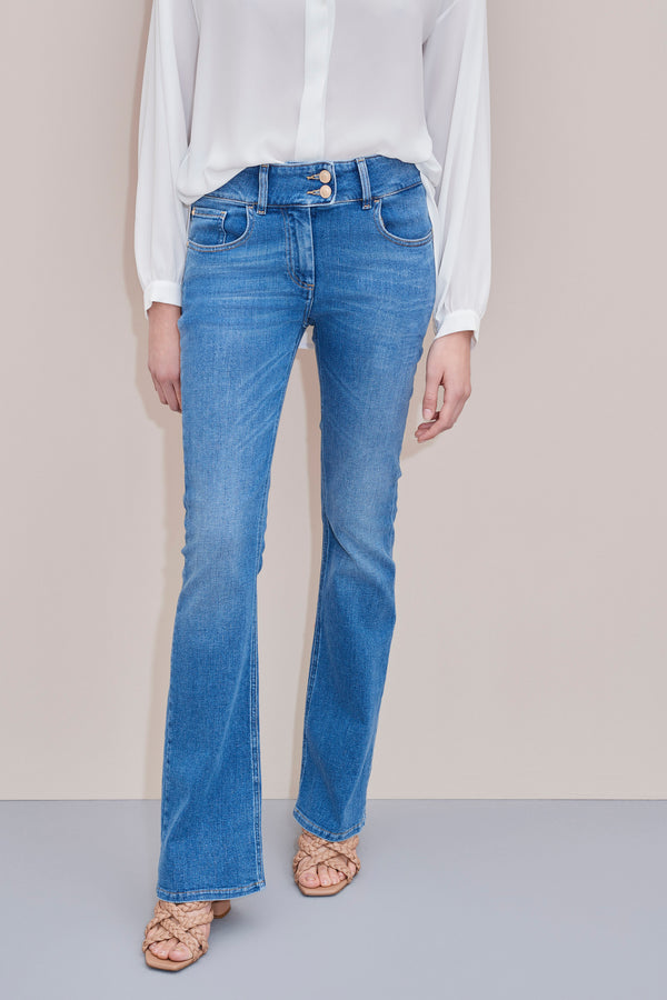 LOW WAIST JEANS WITH FLARED LEGS AND DOUBLE BUTTON ON WAIST