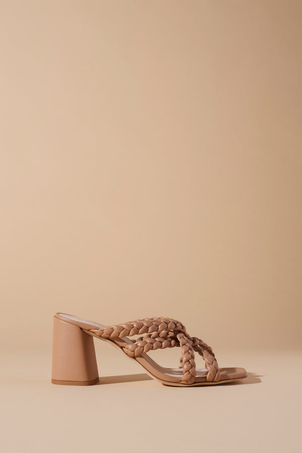 LEATHER SANDALS WITH BLOCK HEELS AND RUCHED STRAPS