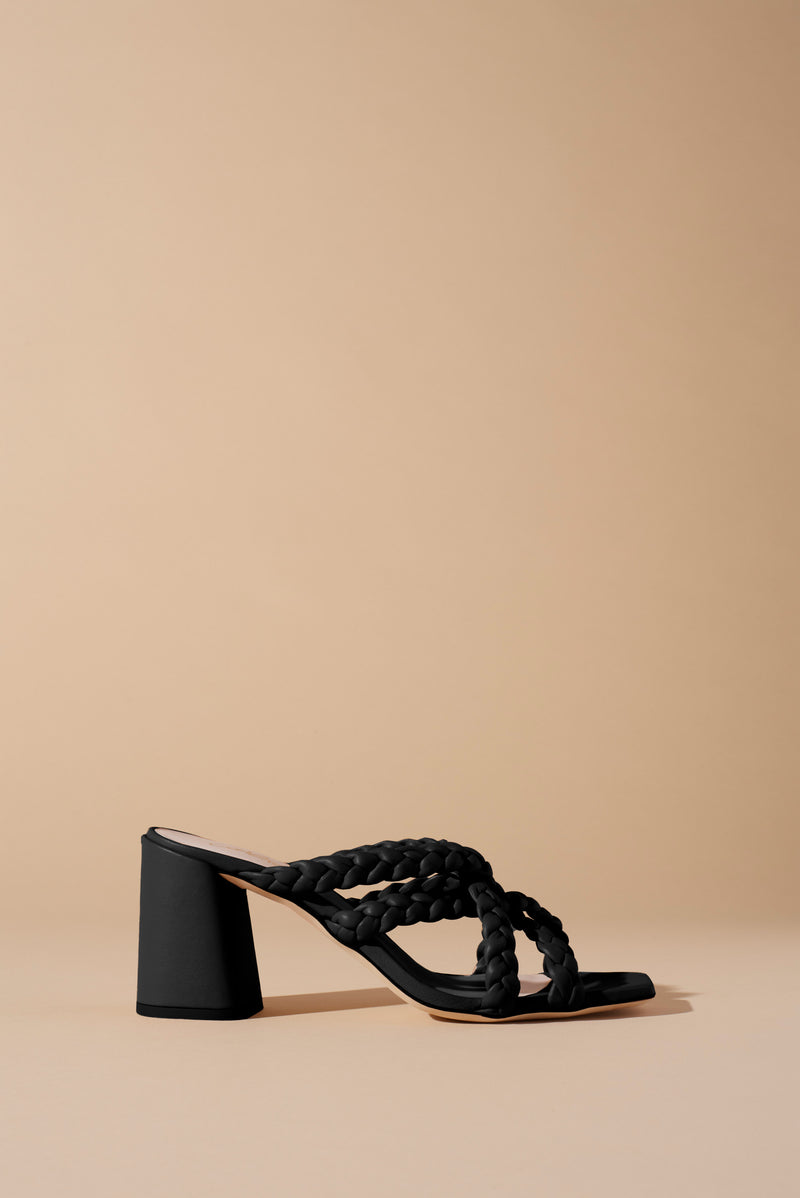 LEATHER SANDALS WITH BLOCK HEELS AND RUCHED STRAPS