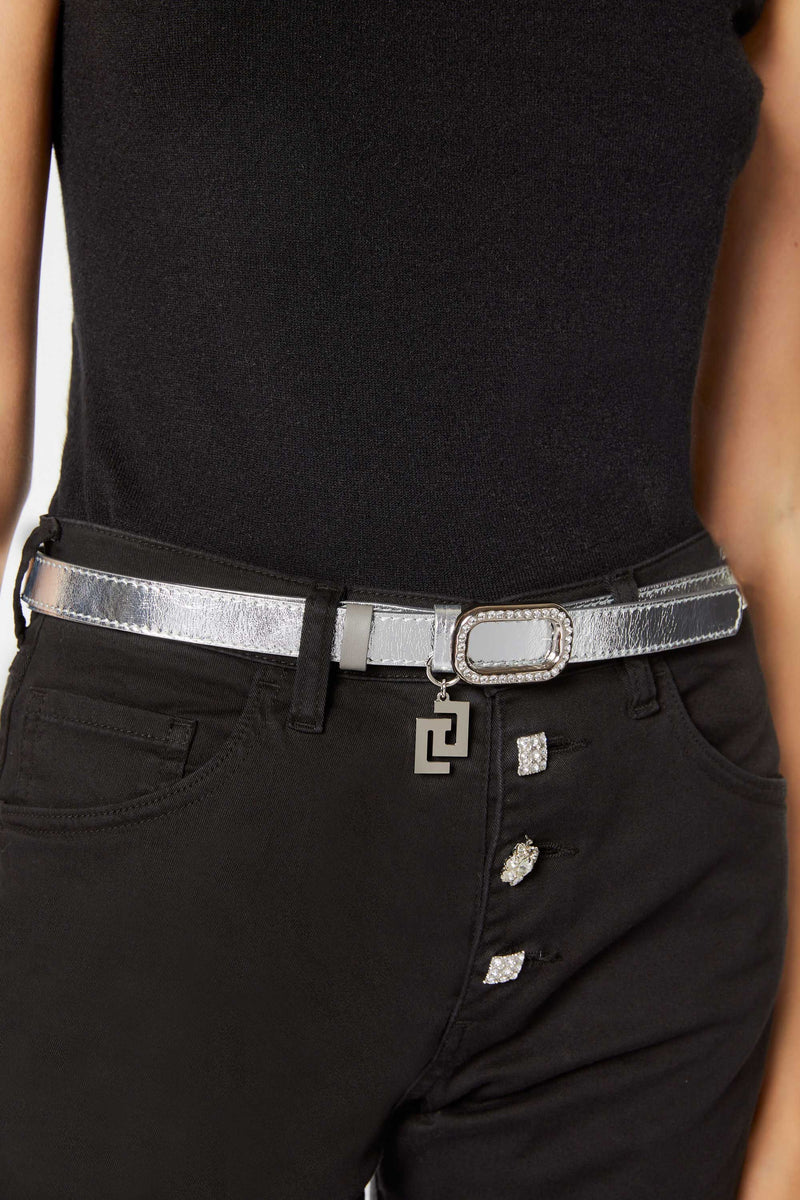THIN REVERSIBLE BELT IN METALLIC LEATHER WITH RHINESTONE BUCKLE