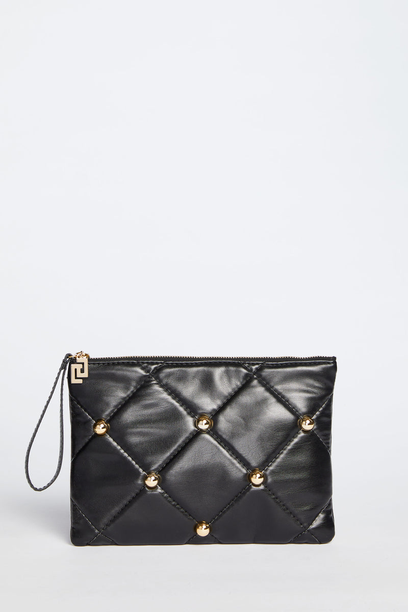 FAUX LEATHER PUFFER BAG WITH DIAMOND STITCHING AND STUDS 