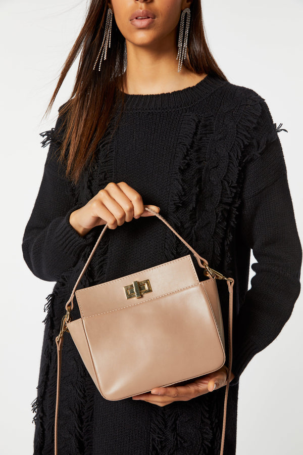 LEATHER BOXY MINI BAG WITH METAL SNAP CLOSURE 