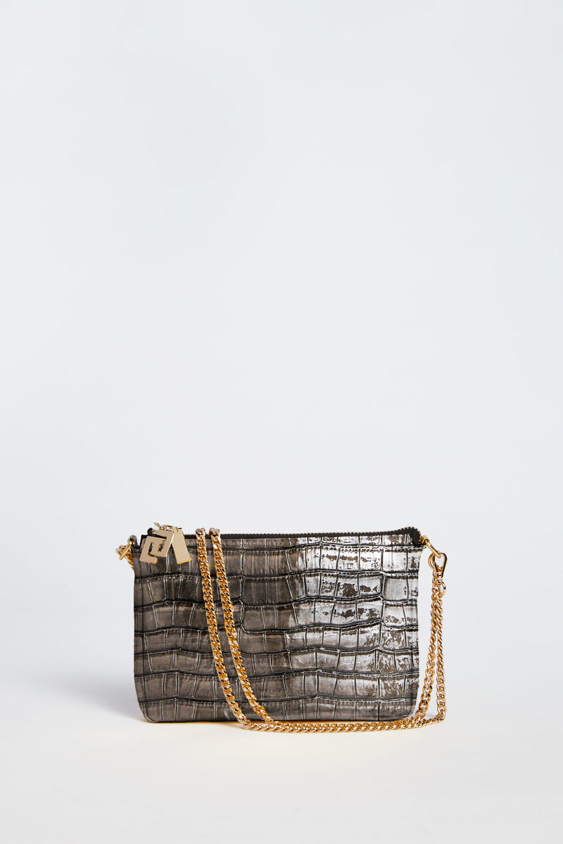 CLUTCH BAG IN FAUX CROCODILE LEATHER WITH GOLD METAL CHAIN 