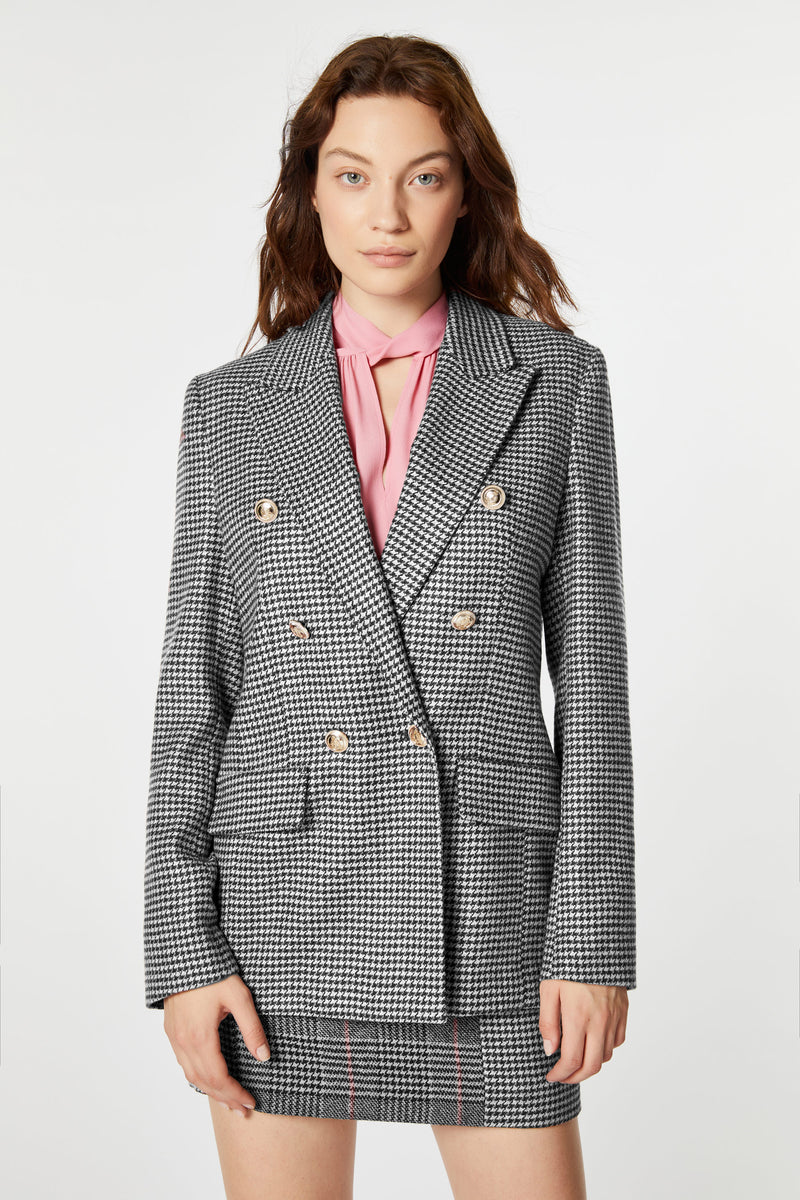 STRETCHY HOUNDSTOOTH DOUBLE-BREASTED BLAZER 