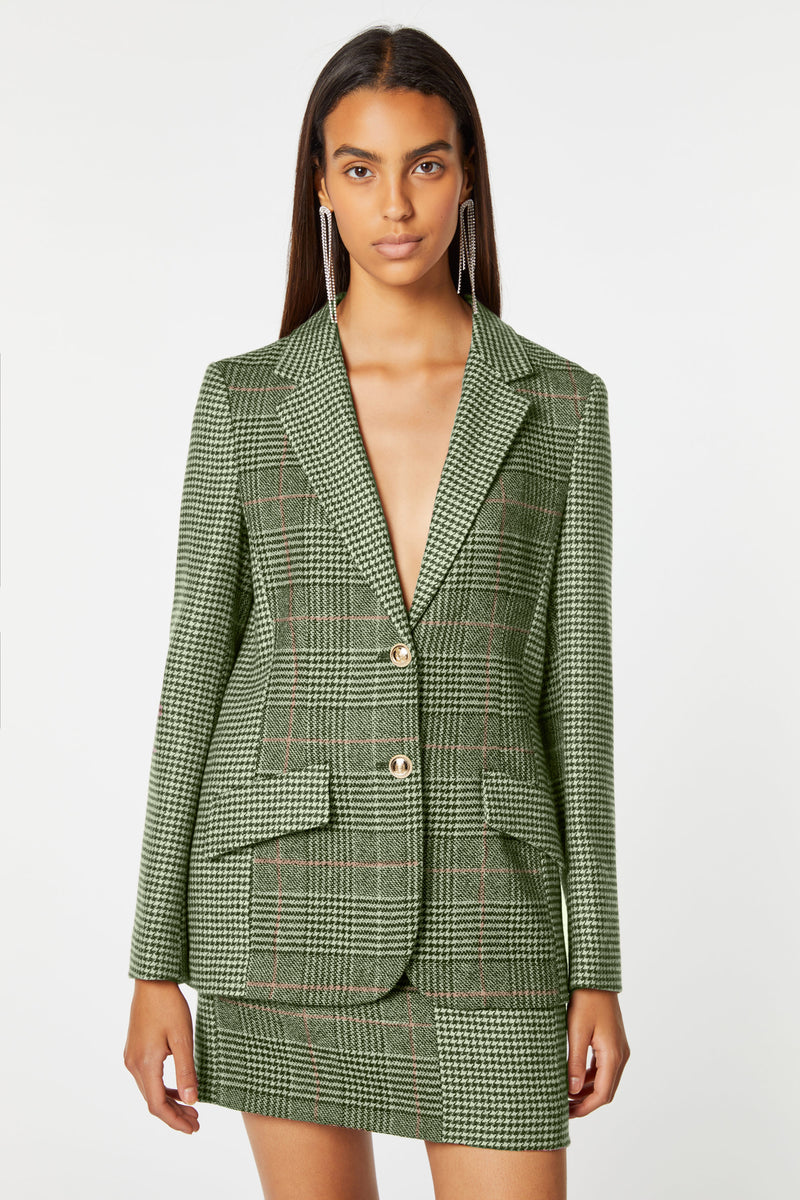 STRETCHY TARTAN TAILORED JACKET WITH CONTRASTING TEXTILE DETAILS
