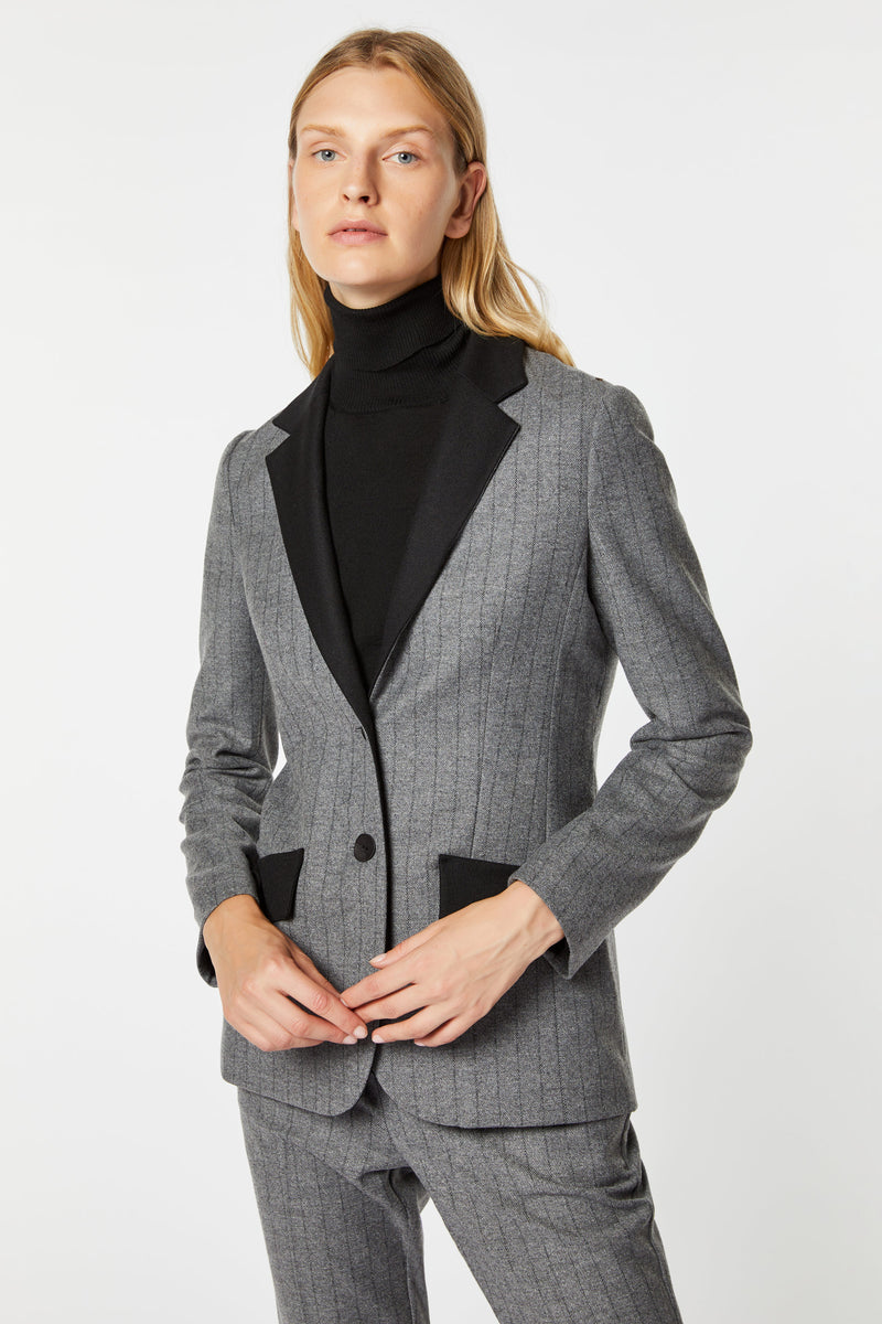 STRETCHY PINSTRIPE TAILORED JACKET WITH BLACK MOTHER-OF-PEARL BUTTONS