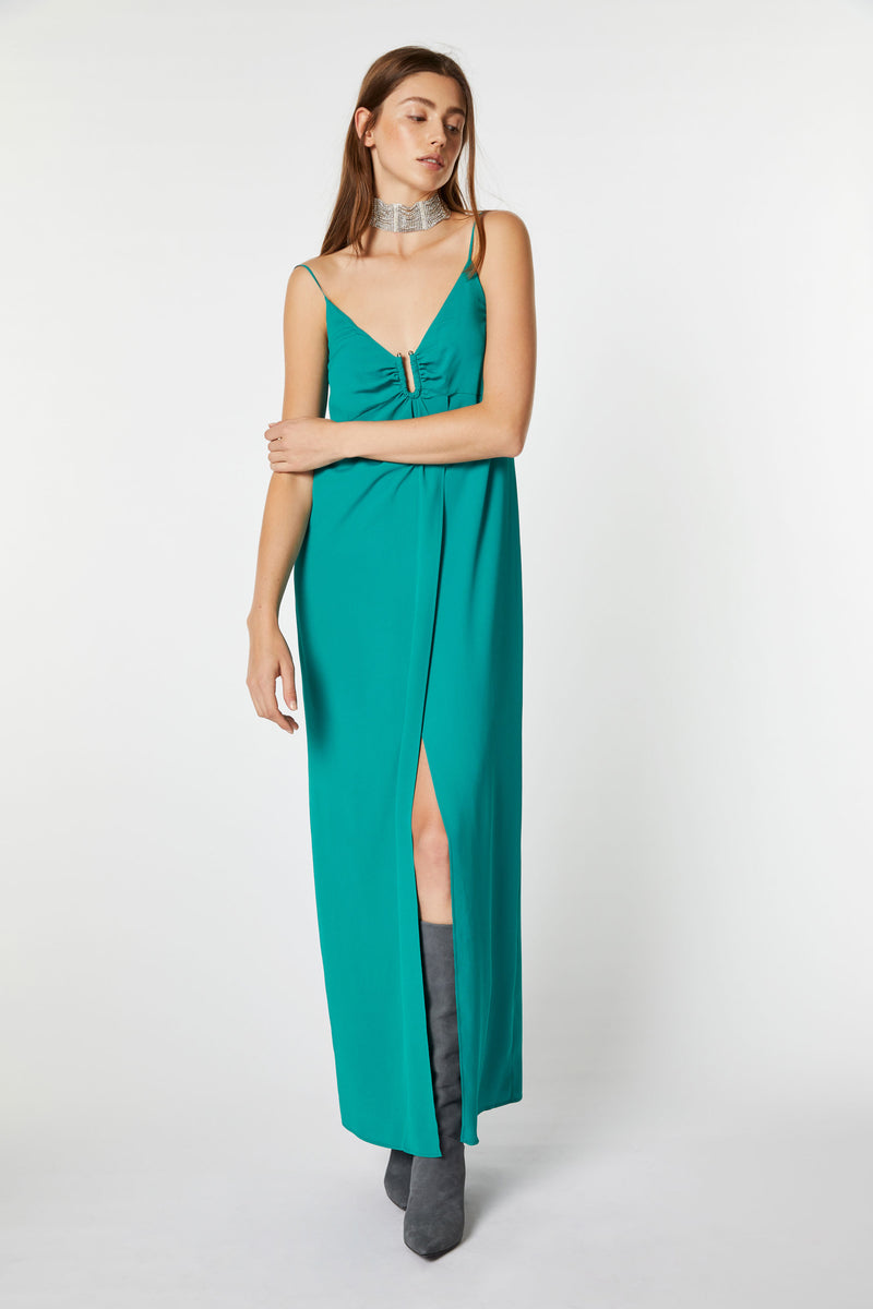 CREPE DE CHINE MAXI DRESS WITH METAL CLIP IN THE MIDDLE