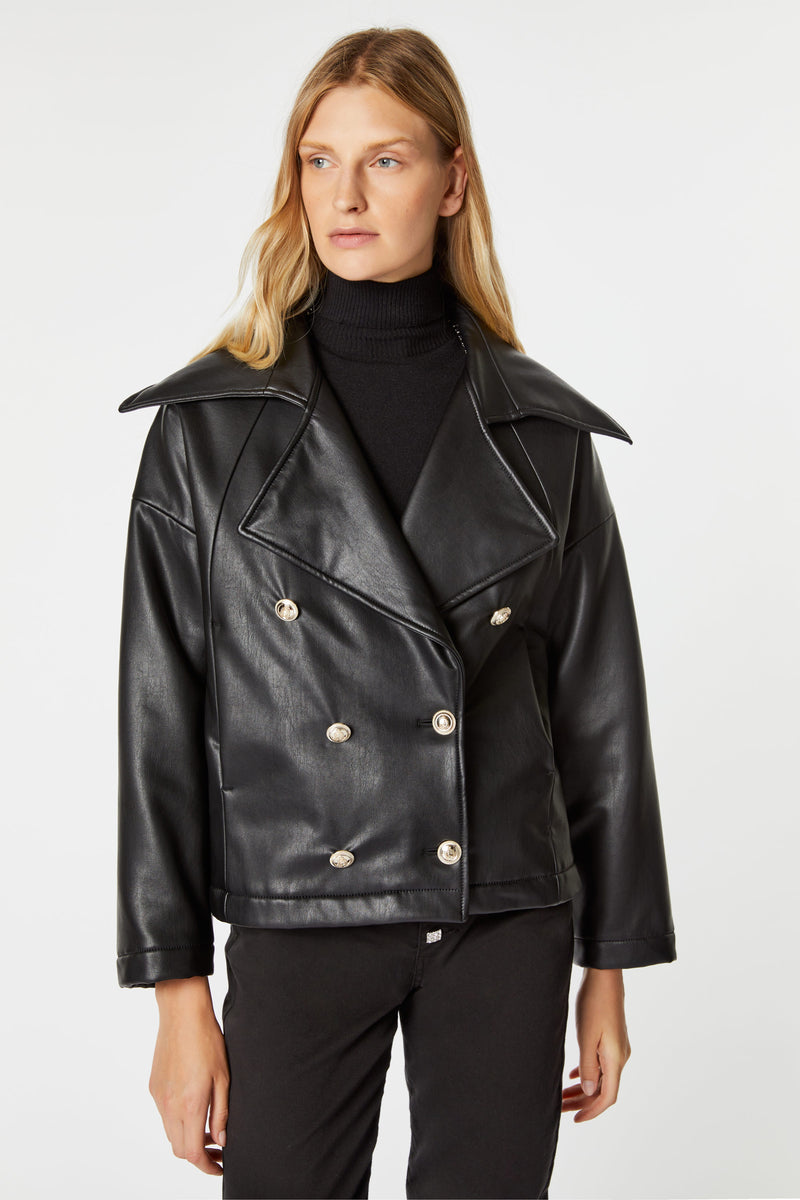SLIGHTLY PADDED FAUX LEATHER DOUBLE-BREASTED JACKET