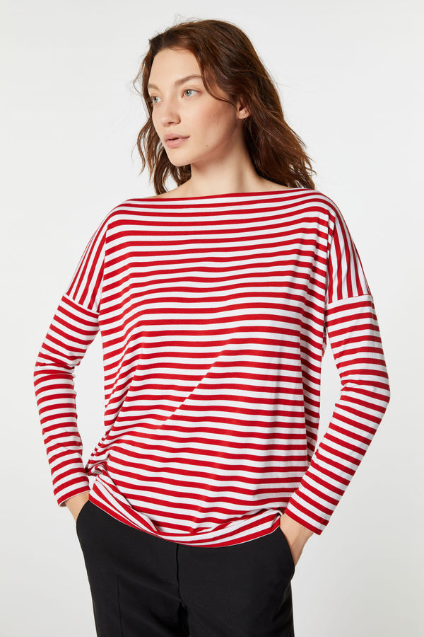 STRIPED SCOOP NECK T-SHIRT IN VISCOSE JERSEY