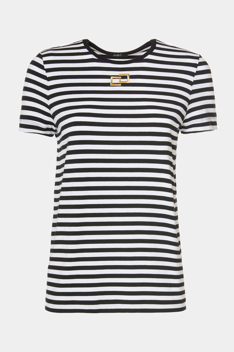 STRIPED T-SHIRT IN STRETCHY VISCOSE JERSEY WITH METALLIC LOGO