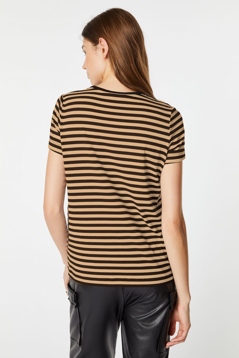 STRIPED T-SHIRT IN STRETCHY VISCOSE JERSEY WITH METALLIC LOGO