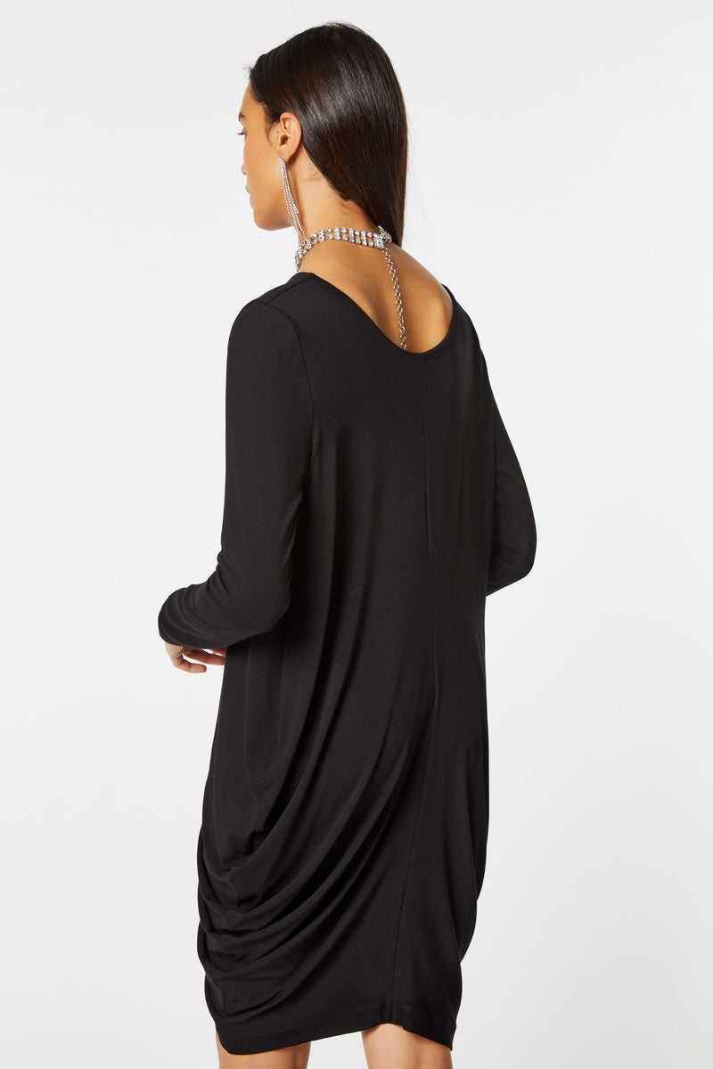 DRAPED DRESS IN STRETCHY VISCOSE JERSEY WITH ADJUSTABLE COWL-NECK