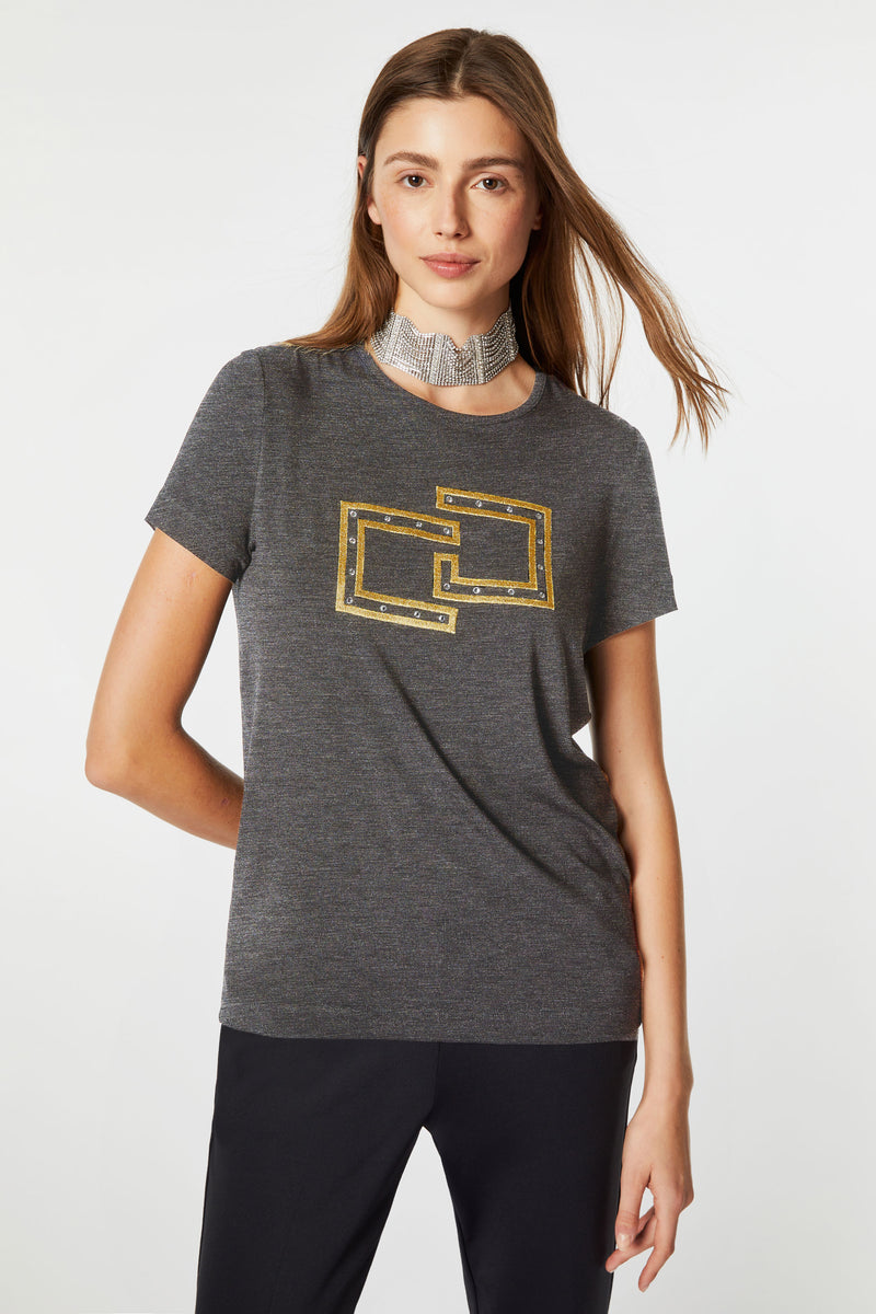 T-SHIRT IN LIGHT STRETCHY VISCOSE JERSEY WITH OVERSIZED METALLIC LOGO AND RHINESTONES