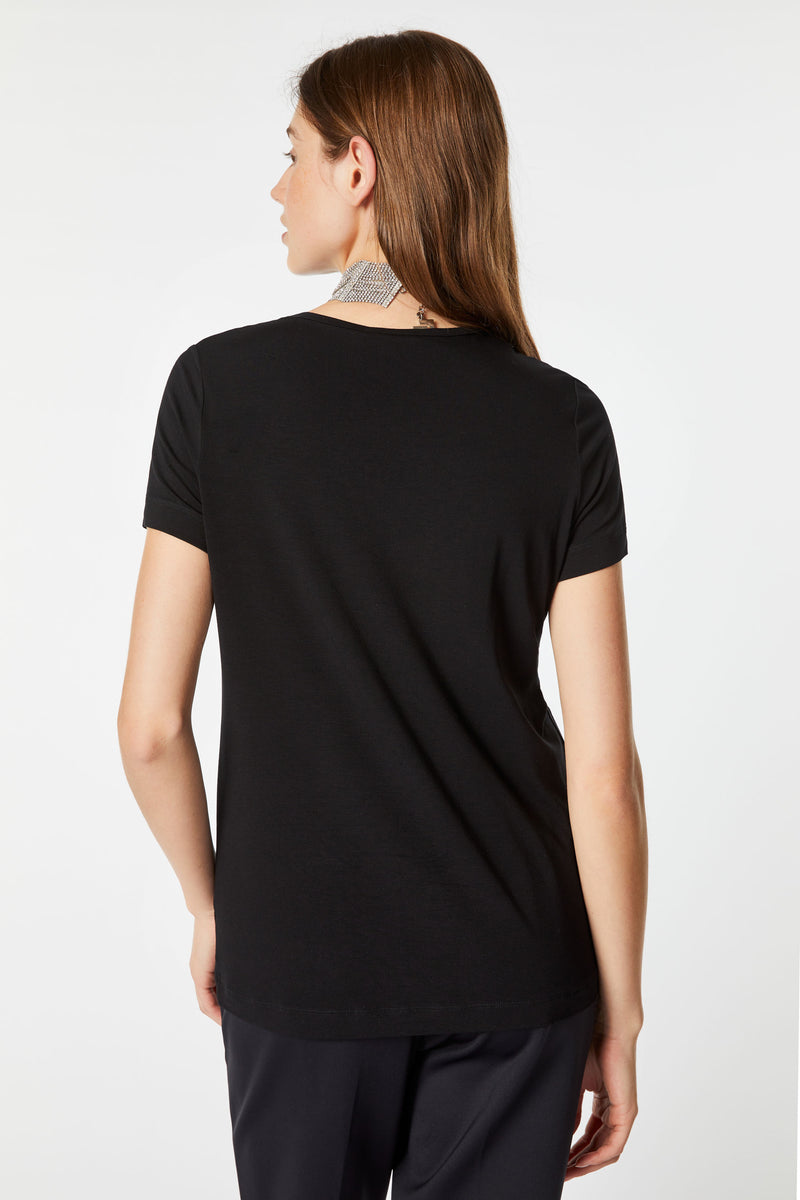T-SHIRT IN LIGHT STRETCHY VISCOSE JERSEY WITH OVERSIZED METALLIC LOGO AND RHINESTONES