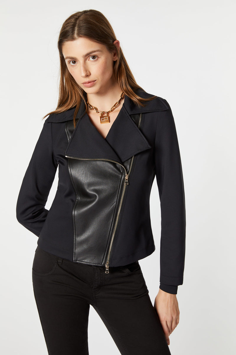 BIKER JACKET IN ENGINEERED STRETCHY JERSEY WITH FAUX-LEATHER DETAILS