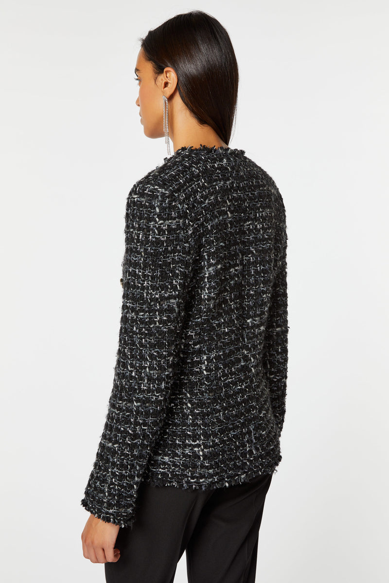 LAPELLESS DOUBLE-BREASTED BLAZER IN METALLIC BOUCLE 