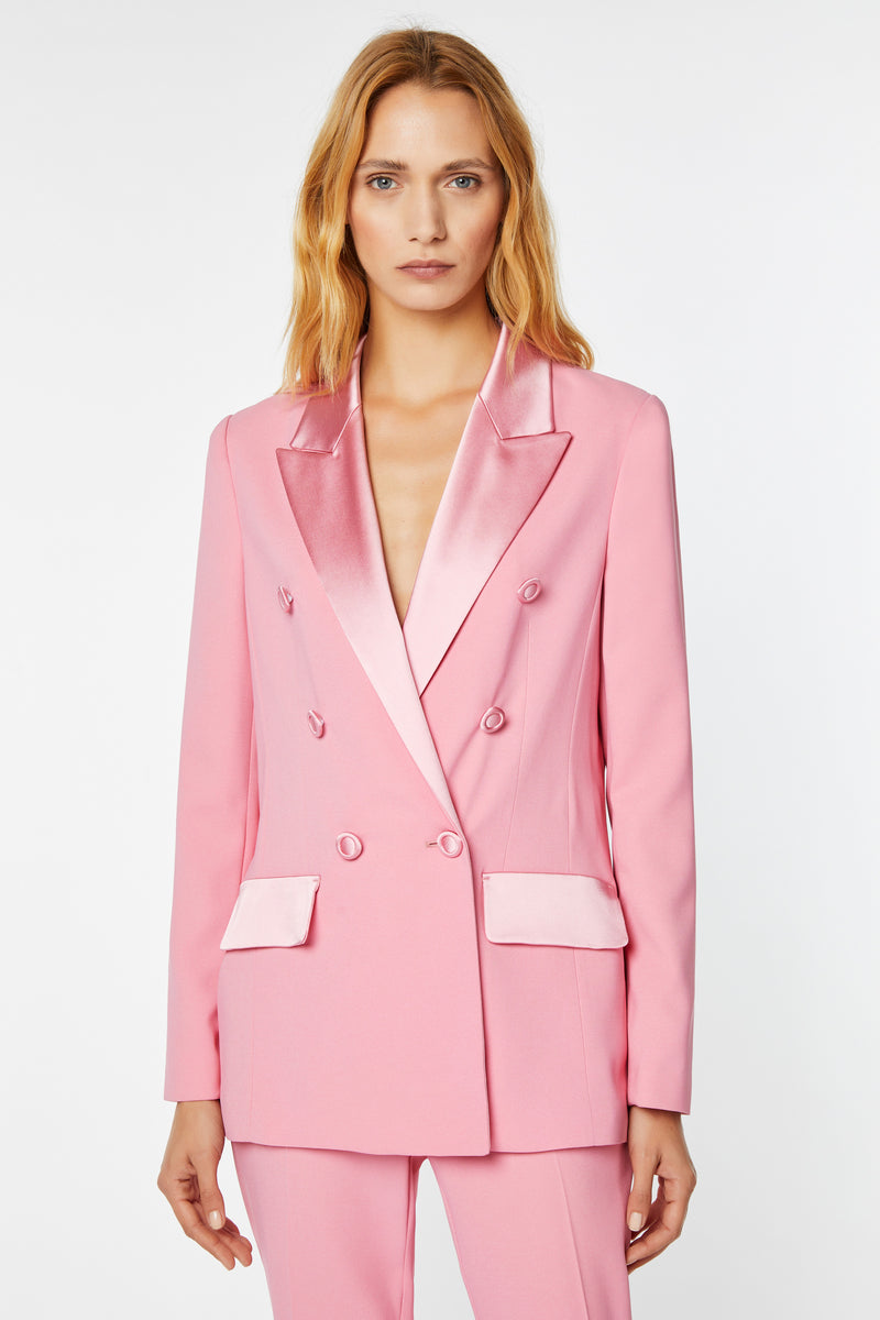 DOUBLE-BREASTED BLAZER IN VISCOSE CREPE WITH ENVERS SATIN DETAILS