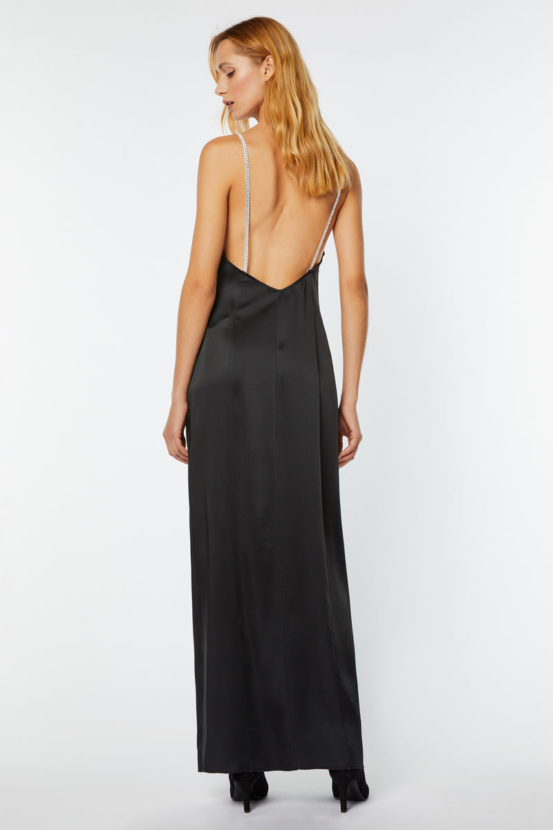 LONG DRESS IN STRETCHY SATIN WITH RHINESTONE STRAPS