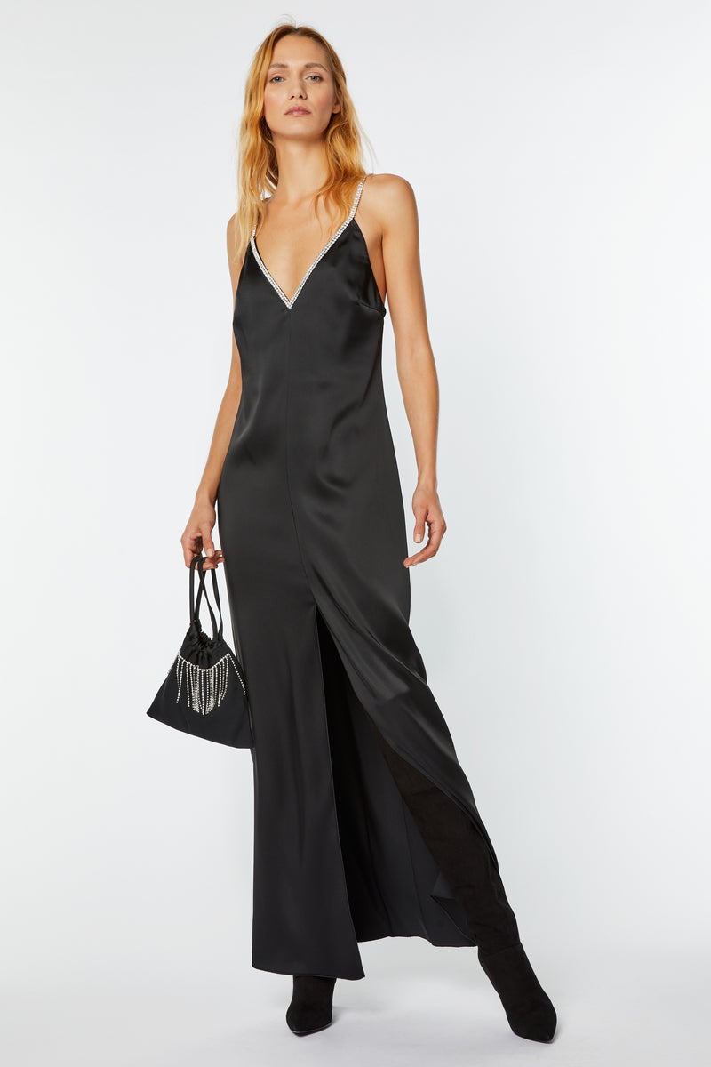 LONG DRESS IN STRETCHY SATIN WITH RHINESTONE STRAPS