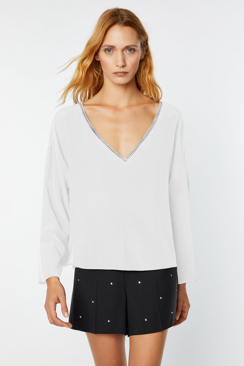 CREPE DE CHINE TOP WITH RHINESTONE DETAILS AT THE NECKLINE