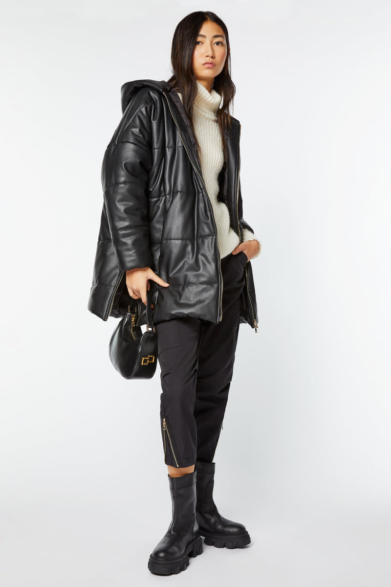 FAUX LEATHER HOODED, CROPPED DUVET JACKET 