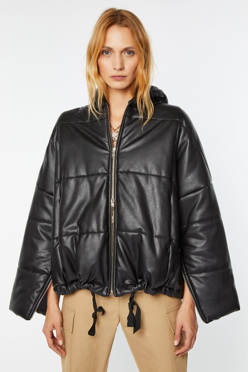 LONG HOODED QUILTED JACKET IN FAUX LEATHER
