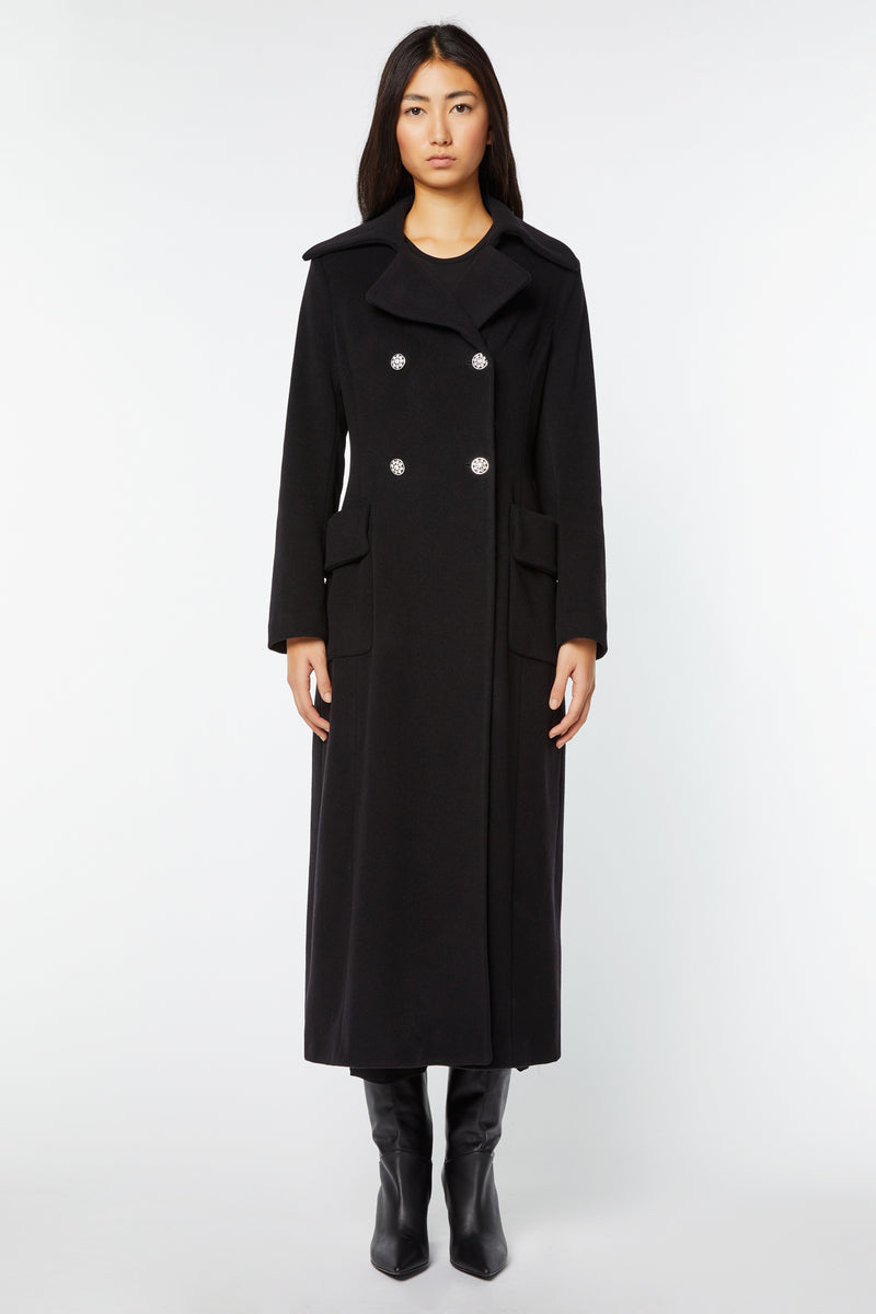 DOUBLE-BREASTED OVERCOAT IN CASHMERE WOOL WITH BEJEWELLED BUTTONS AND RHINESTONES