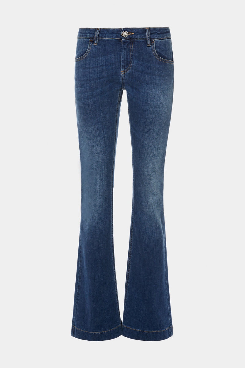 STRETCHY BELL BOTTOM JEANS WITH BEJEWELLED BUTTONS